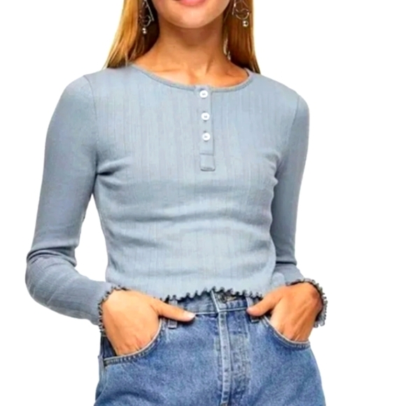 Topshop Tops - NWT TOP SHOP Blue Henley Long Sleeve Ribbed slight Crop Top Women's Size 10